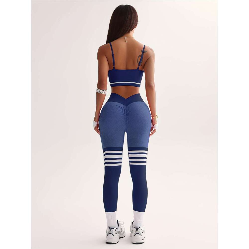 Three-Piece Set Women's Seamless Striped Color Block Sports Bra Long Sleeve Pants High Elasticity Light Beige-Friendly Moisture-Wicking Quick-Dry