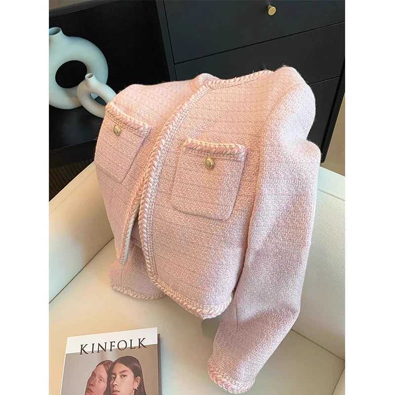 MEXZT Elegant Tweed Jacket Women Sweet Cropped Pink Coat Winter Korean Single Breasted Blazer Ladies Vintage Short Outerwear New Y251105