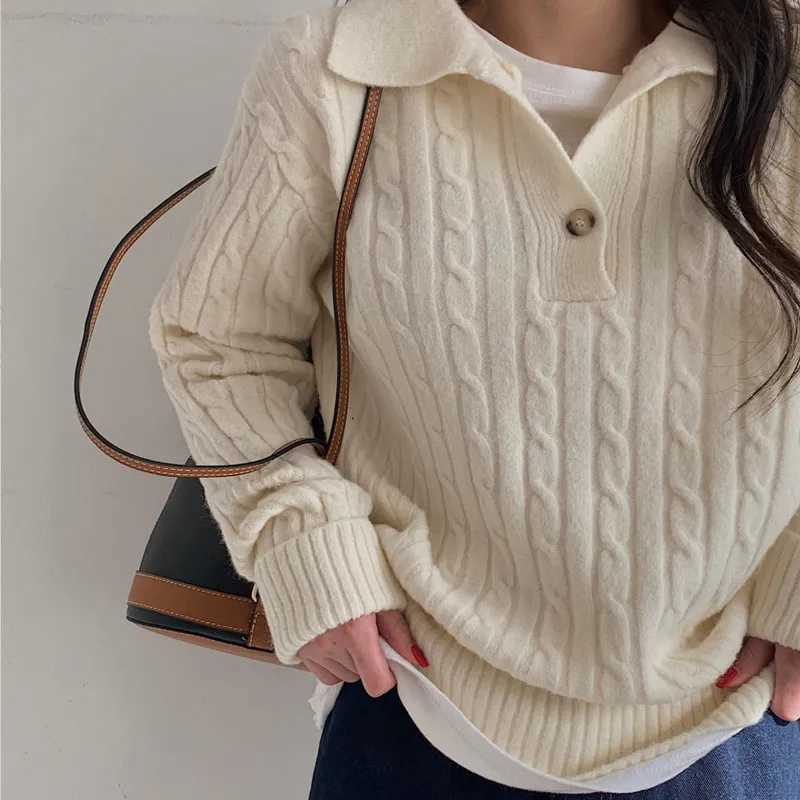 Korean Turndown Collar Solid Womens Sweater Sweet Fried Dough Twists Sweater Casual Versatile Simple Knitting Pullover Tops J251029