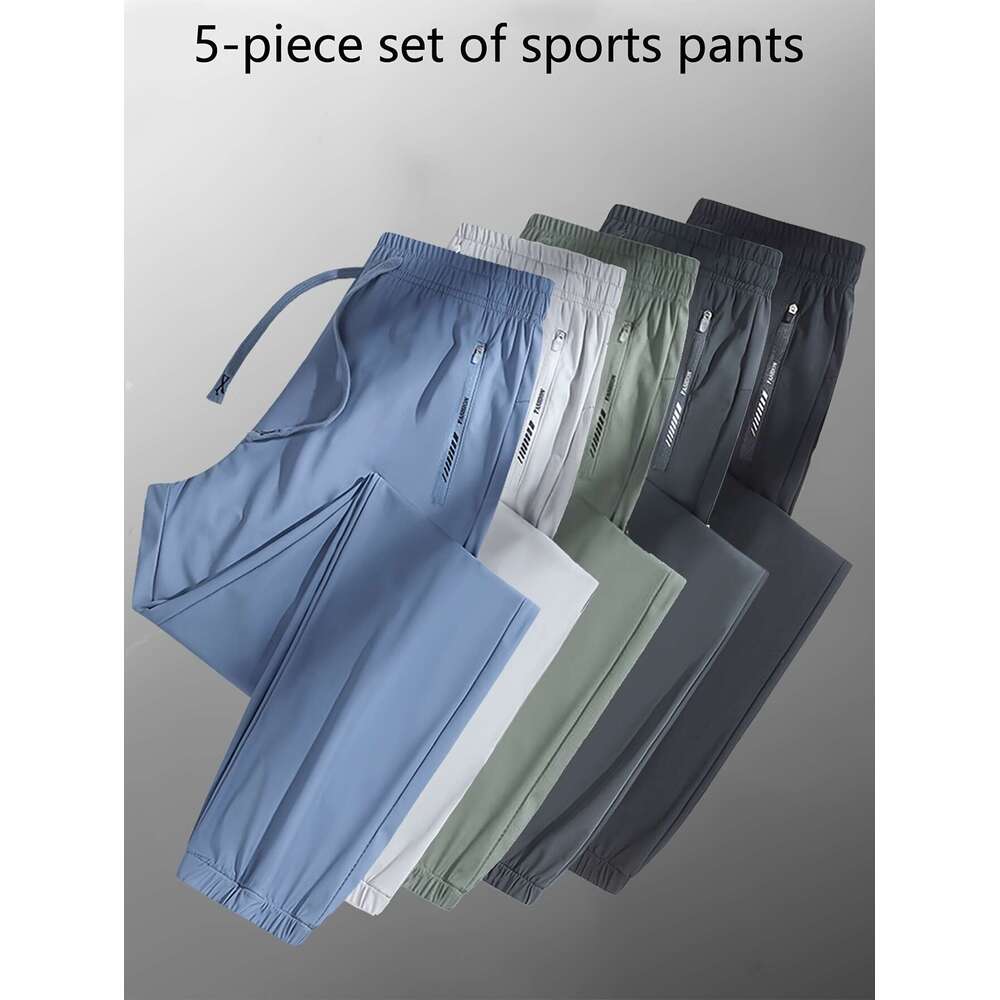 5pcs Women's High-Stretch Ice Sliky Fiber Athletic Leggings Full-Length Workout Pants with Zipper-Free Drawstring Waist & Zipper Pockets, Multi-C