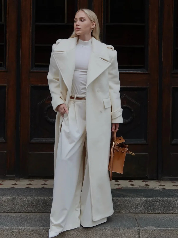 Elegant Solid Lace Up Overcoat Women Fashion Doublebreasted Wool Pockets Long Coats Autumn Winter High Street Outerwears 251028