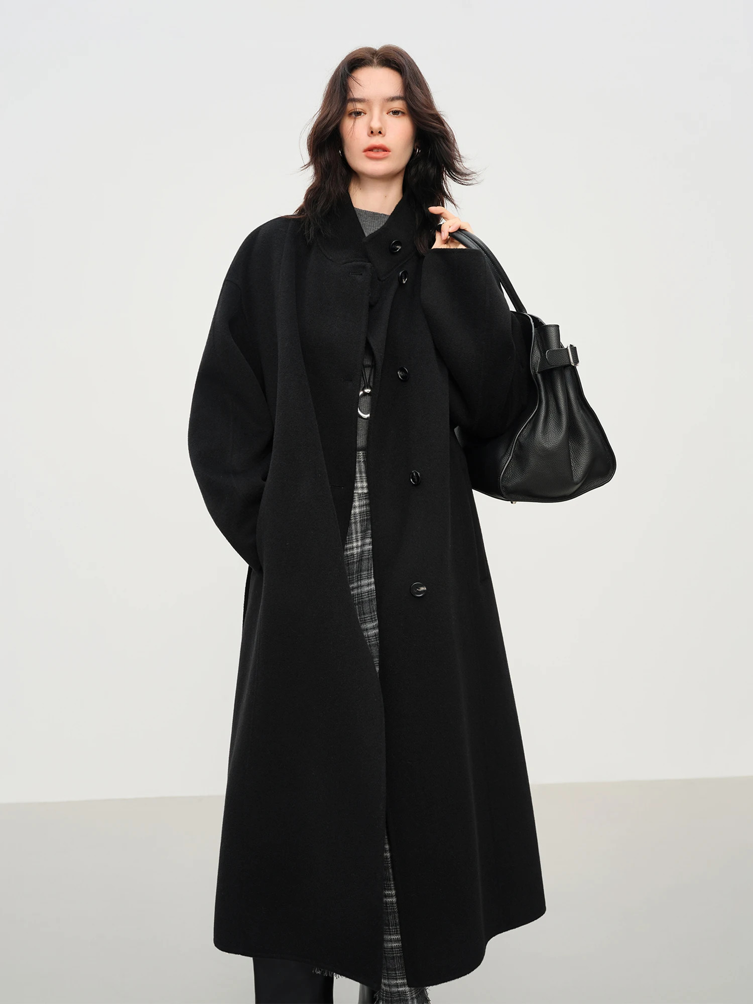 FSLE Womens Elegant Stand Collar 100 Wool DoubleFaced Long Coat DiamondShaped Tailoring Autumn Winter Outerwear 251028