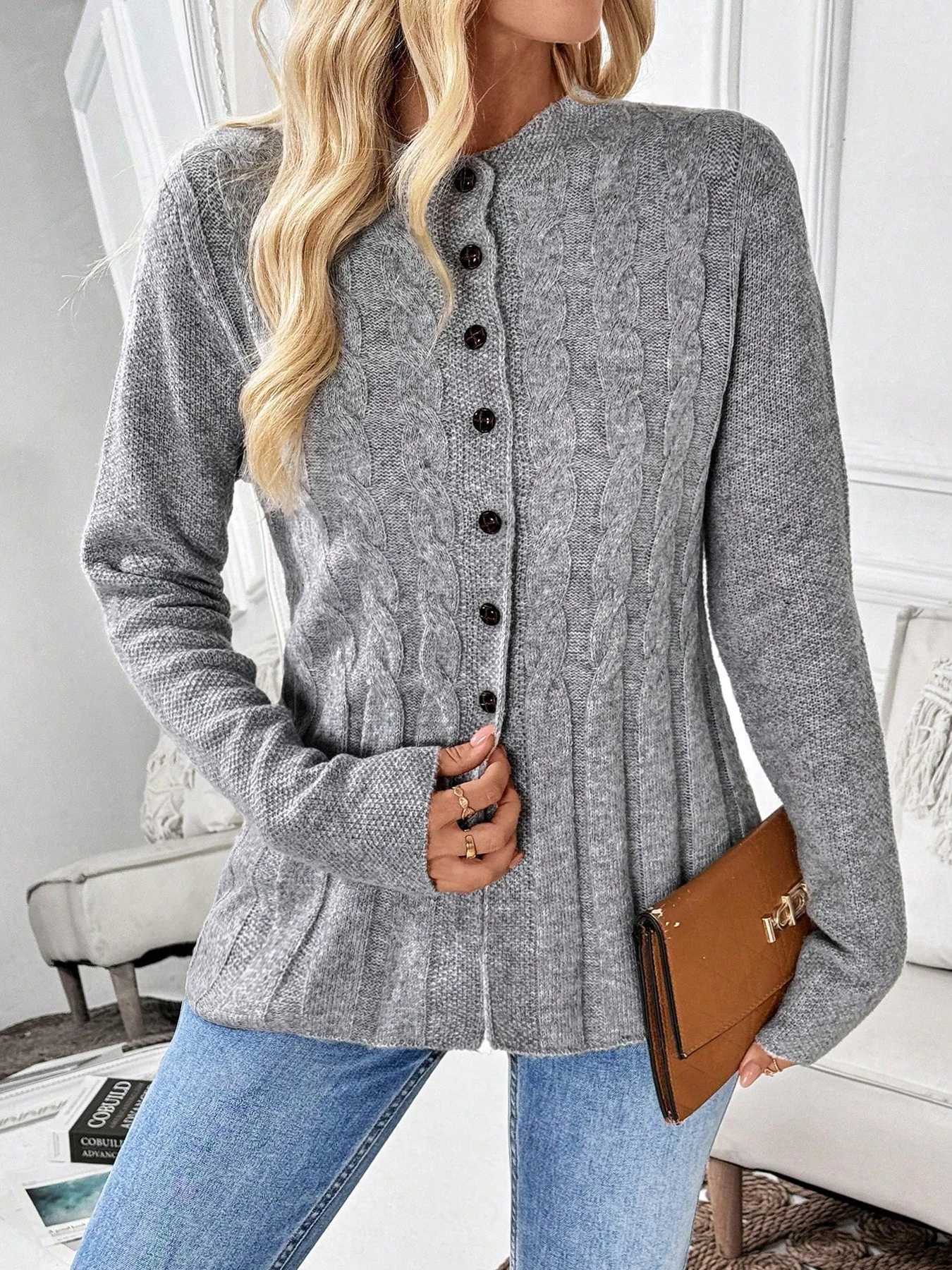 Womens simple solid color long sleeved cardigan knitted sweater for autumn and winterT251028