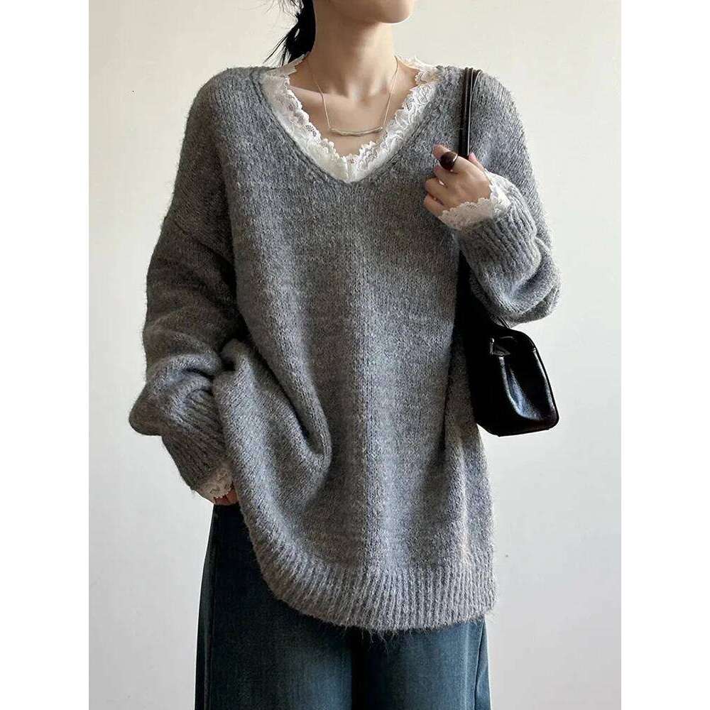Aoaiiys Women V Neck Lace Spliced Pullovers Vintage Chic Knitted Jumpers Autumn Winter New Comfortable Loose Sweaters