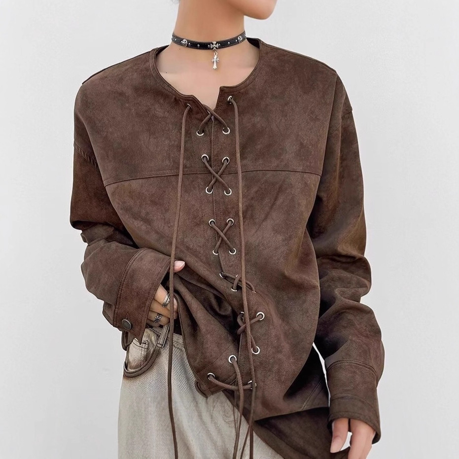 Niche Drawstring Double-breasted Leather Jacket For Men Designer Jacket Spring And Autumn American Street Style Loose Casual Brown Motorcycle Jacket