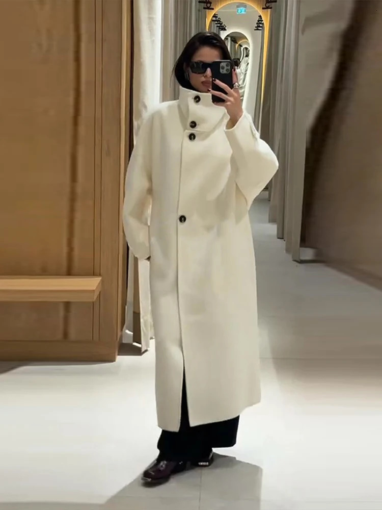 Casual Stand Collar Woolen Women Long Coat Elegant Solid Full Sleeve Single Breasted Female Jacket Autumn Winter Lady Coats 251028
