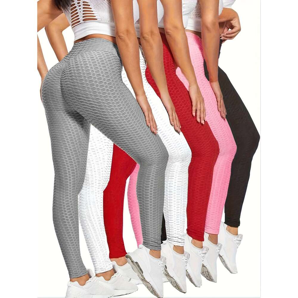 5pcs High Waist Honeycomb Sports Running Leggings, Women's Fiess Yoga Tight Pants Activewear