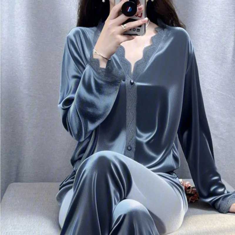 Pleuche Simple Vneck Pajamas Womens Spring Autumn Sleepwear Suit Winter Loungewear Wear 2024 New Solid Color Lace HomewearT251029