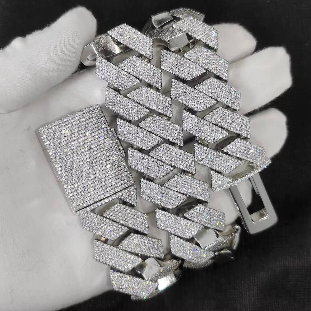 Moissanite Cuban necklace 25mm Iced Prong Cuban Link Chain Silver Plated 6 Row Diamond Cuban Chains Womens Hip Hop Gift Engagement