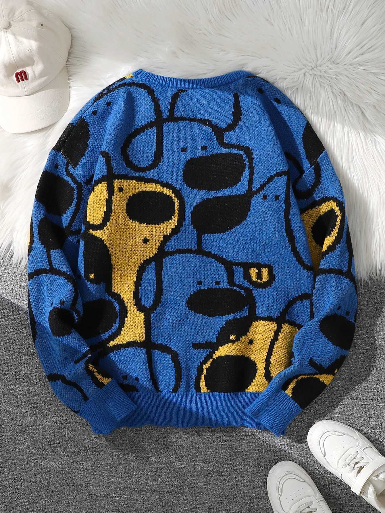 Autumn and Winter Cute Dog Jacquard DoubleSided Pattern Pullover Sweater Casual Crew Neck Knit Mens Pullover Casual Crew Neck J251029