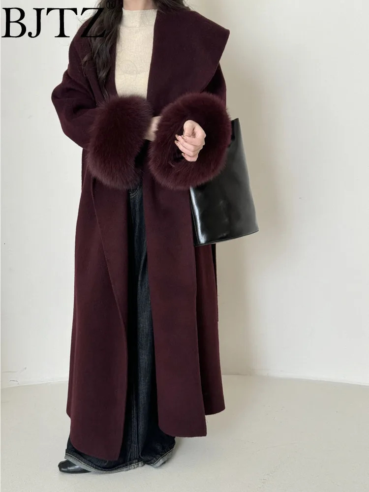 BJTZ Fox Hair Cuffs Doublesided Cashmere Coat Women Autumnwinter Midlength Laceup Loose Fashion Simple 251028