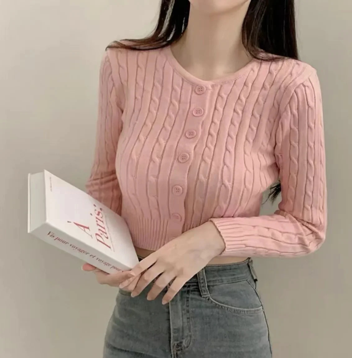 Ribbedd Cable Knit Crop Top for Women Teens Long Sleeve Buttonup Slim Fitted Cardigan Sweater Y2K Kpop Outfit 251029