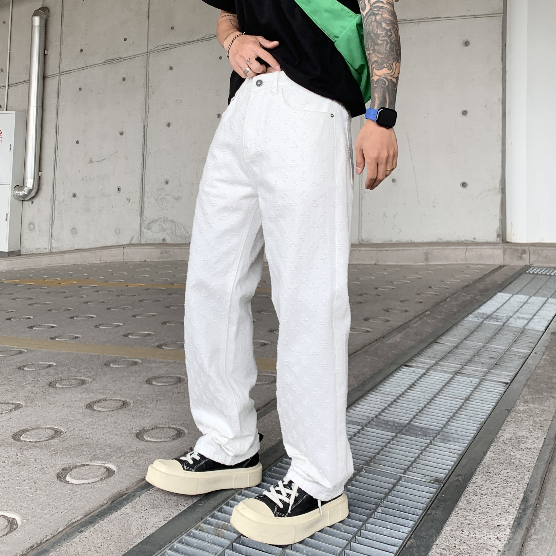 Designer Men's Jacquard Jeans Washed Denim Workwear Pants Vintage Cotton High Street Fashion Loose Fit Women Straight Leg Hip Hop baggy jeans for