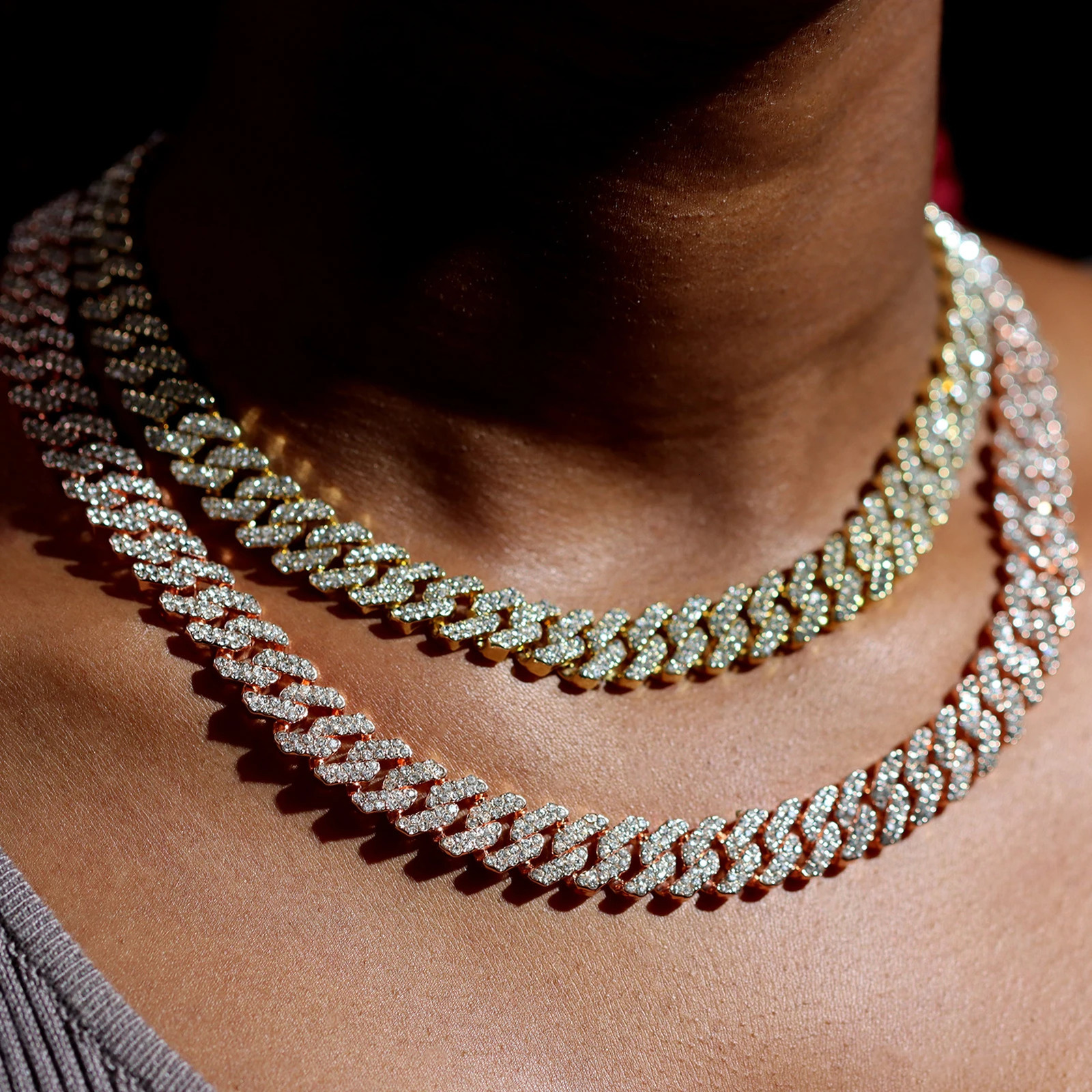 12MM Rose Gold Color Miami Cuban Link Chain Necklace Iced Out Bling Rhinestone Cuban Choker Necklace Women Men Hip Hop Jewelry 251029