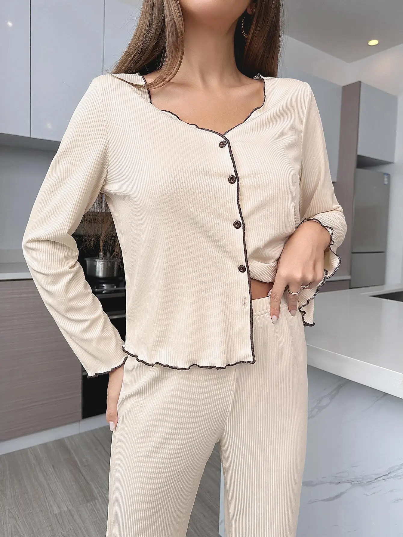Autumn Winter Women Solid Color Pajama Set Casual Loungewear Long Sleeve Leg Pants 2 Piece Outfit Comfortable Homewear 251029