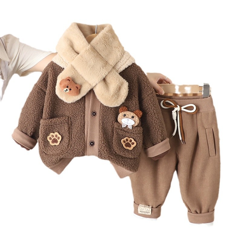 Free Shipping 2025 New Winter Clothes for Babies, Fleece Lined Bear Hooded Set with Scarf, Warm Jacket Pants for Outdoor Daily Wear