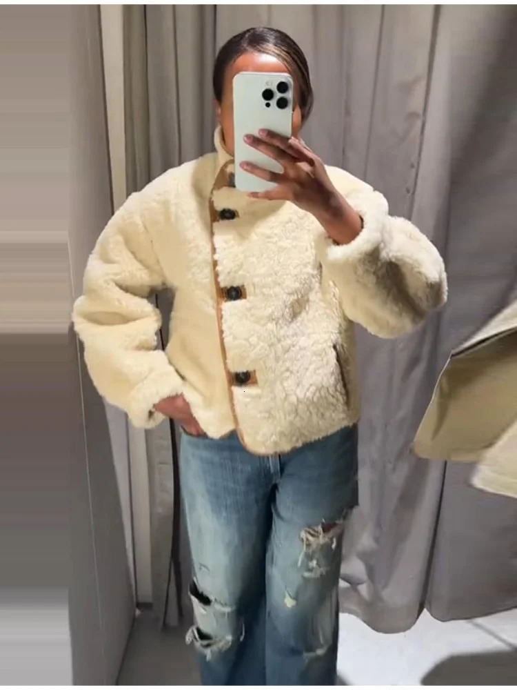 Winter Suede Faux Fur Reversible Jacket For Women Y2k Lapel Single Breasted Pockets Coats Lady Chic Warm Casual Outerwear 251028