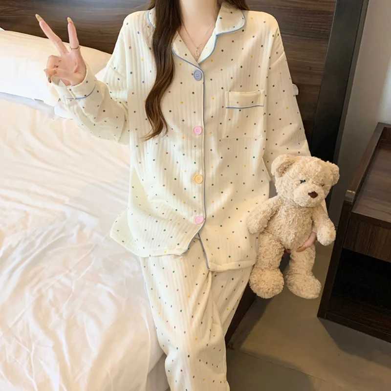 Korean Style Ins Colorful Dot Air Cotton Pajamas for Women Thickened Layered Long Sleeve Homewear Set for Autumn and WinterT251029