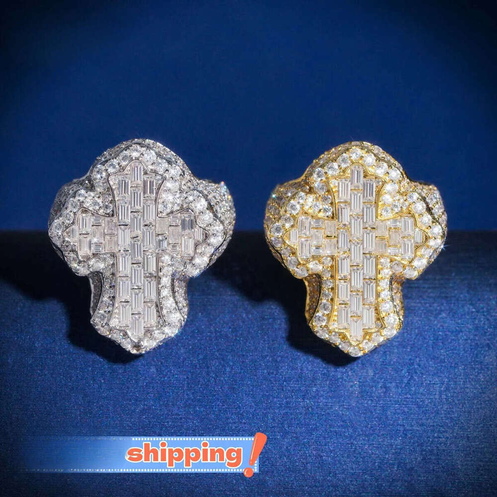 Hip hop fashion iced out vvs moissanite cross engagement sterling sier men dia ring