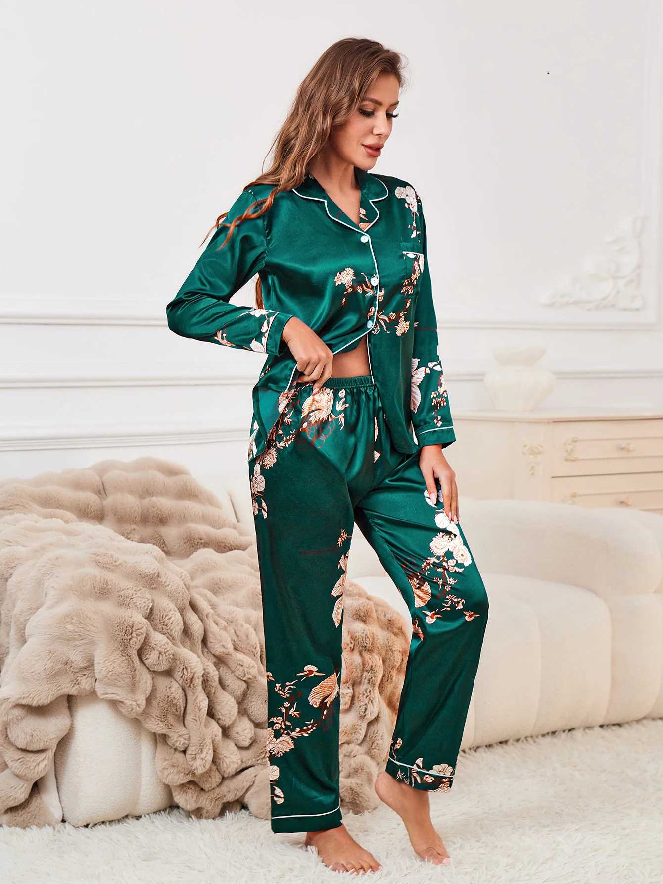 Floral Print Contrast Piping Satin Pajama SetWomens Sleepwear Loungewear Button Up Lapel Top Pants Pj SetT251029