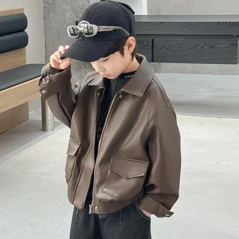 Korean Boys Faux Leather Jacket Kids Stylish Solid Brown Color Artificial PU Coat Child High Fashion Autumn Outfit Age 5 To 14Y 251028