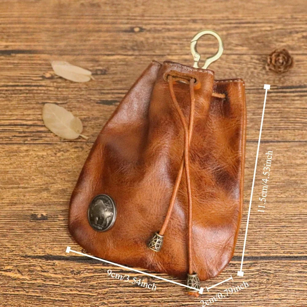 Retro Genuine Leather Bag Coin Purse Drawstring Key Wallets Fashion Women Men Housekeeper Card Key Holders Mini Purse Coin Pouch 251029