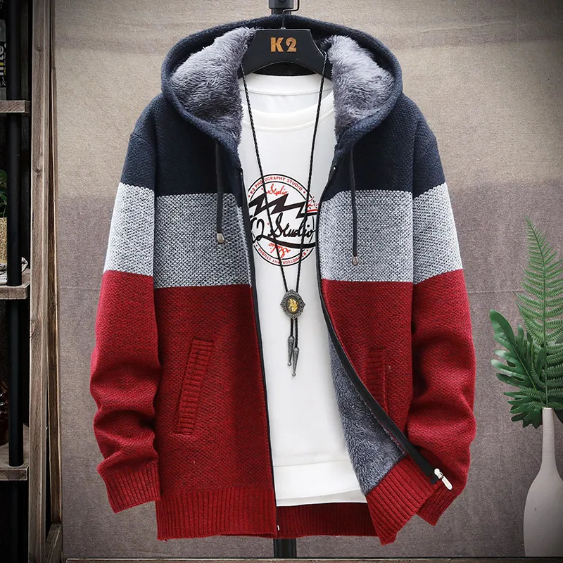 Autumn Winter Cardigan Sweater Men Fleece Zipper Sweaters Velvet Contrast Striped Sweater Coats Casual Jackets 251029