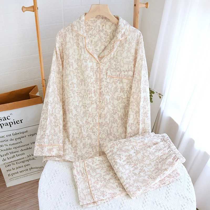 Autumn Long Sleeve Cotton Double Gauze Pajamas for Women Loose and Casual Plus Size Loungewear Lapel Flower Print SleepwearT251029