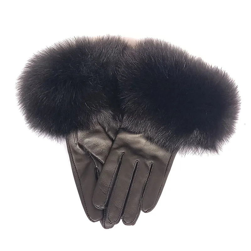 Real Sheep Leather Gloves Women For Women Warm Winter Natural Fox Fur Glove Fashion Warm Natural Leather Hand Warmer 251029