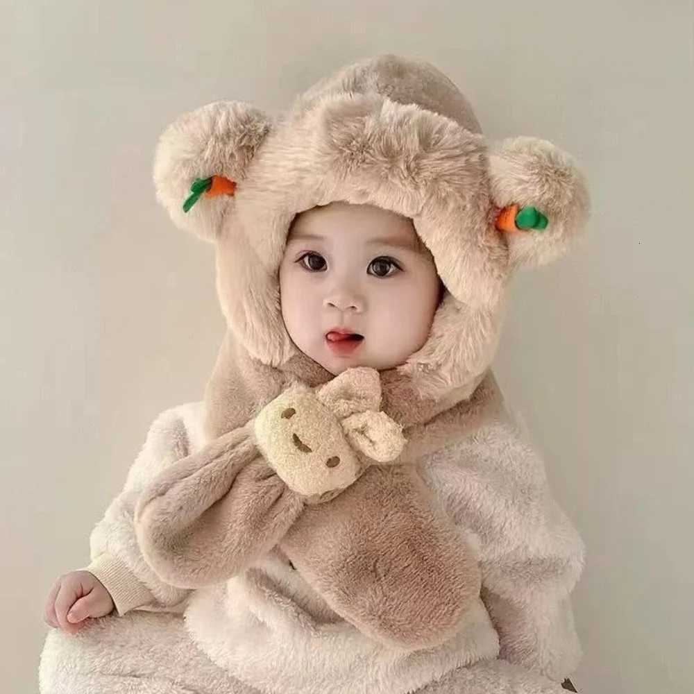 Kids Plush Hat Winter Scarf One Piece Hat Plus Velvet Cartoon Two Piece Set Cute Baby Boys and Girls Earmuffs Hat Miniso251028