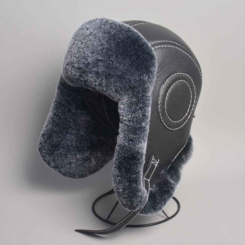 2025 Mens 100 Natural Rex Rabbit Fur Bomber Hats Winter Russian Man Warm Real Sheepskin Leather Hat Male Real Fur Caps 251029