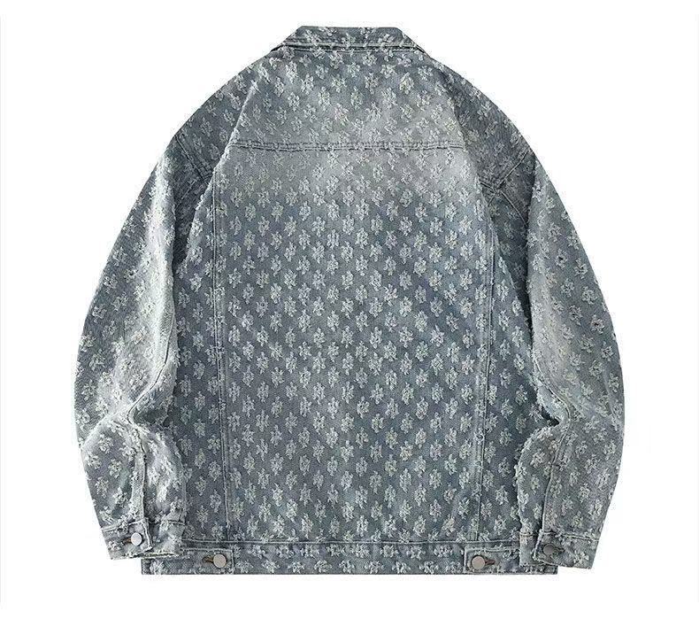 New Spring Autumn Jacquard Pattern Mens Denim Jackets Loosen Fit Vintage Jeans Coats Males Casual Clothes S-4XL