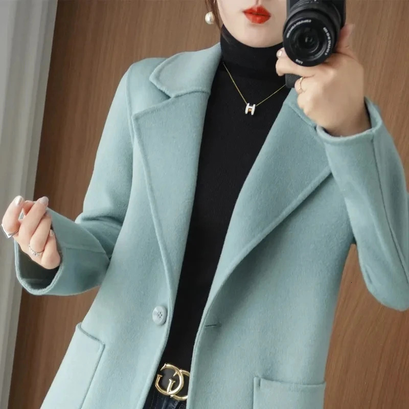 100 Pure Wool DoubleSided Cashmere Jacket Women Overcoat Autumn Winter MidLength OneButton Slim Wool Windbreakers coat 251029