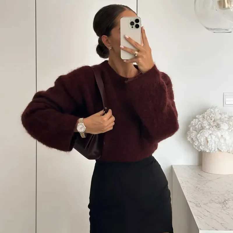 HXAO Faux Wool Knitted Sweater Women Autumn Winter Long Sleeve Oversize Sweater Woman Round Neck Burgundy Sweater Jerseys J251029
