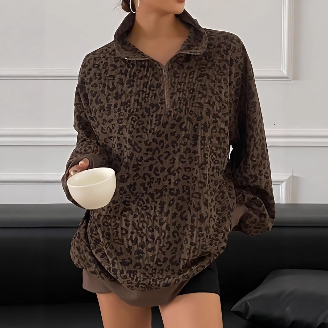 European and American designers retro leopard print stand up collar women's stand up collar jacket early autumn new loose medium sports shirt tre