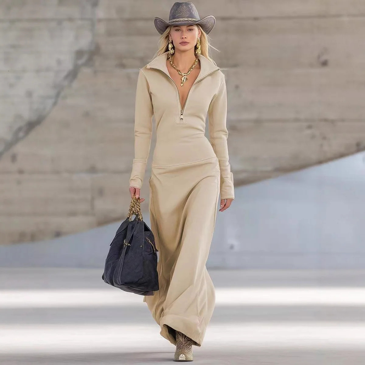 Fashion POLO Collar Long Dresses Women 2025 Autumn Winter Casual Zipper Slim Fit Casual Long Sleeve Maxi Dress Elegant 251029