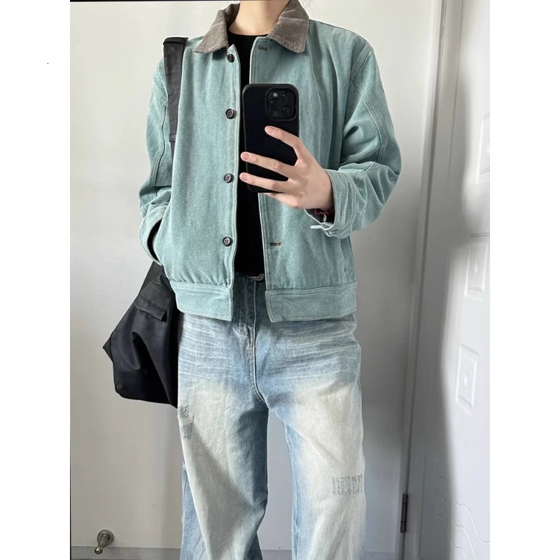 Trendy Right Shoulder Jacket Men Peacock Green Short Autumn Winter Washed Vintage Turn-down Collar Color-blocking Workwear Designer Jacket Jacket Soft