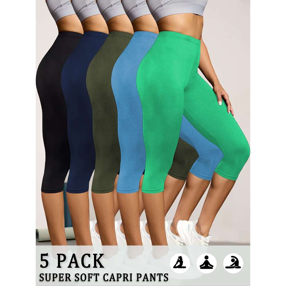 5pcs Women'S Super Soft Capri Pants, Solid Color High Stretch Athletic Leggings for Workout, Running, Yoga - Breathable & Comfortable Spring/Summ