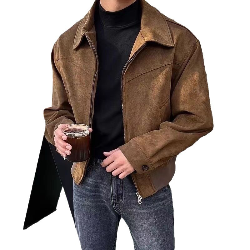 Autumn Winter Korean Men's Short Loose Turn-down Collar Zipper Suede Flight Designer Jacket Jacket Coat Trendy