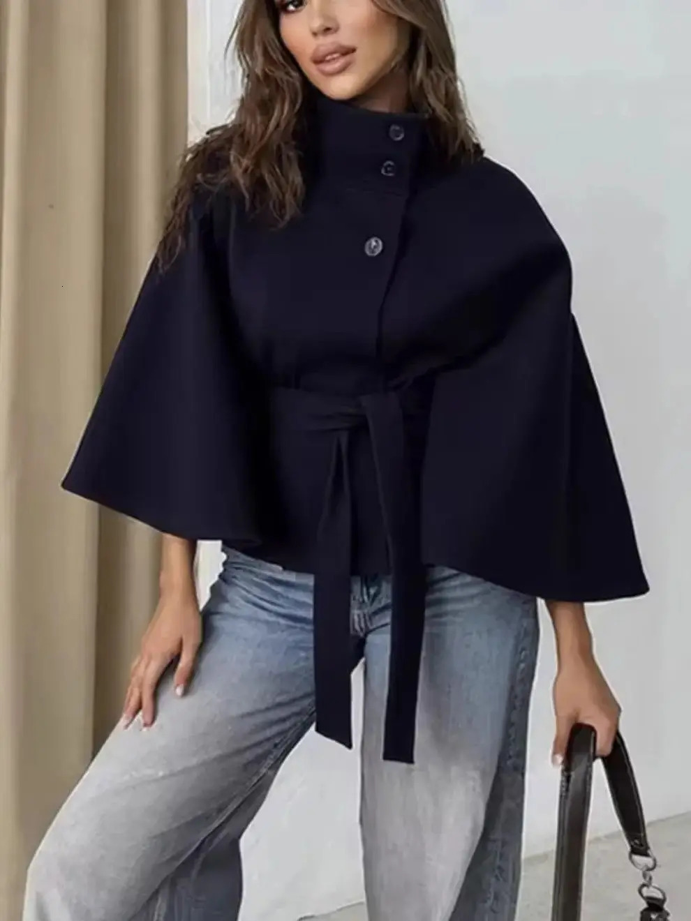 2026 Lace Up High Neck Jackets For Women Belt Faux Wool Blends Cape Coats Autumn Winter Warm Elegant Cloak Coat Ladies 251029