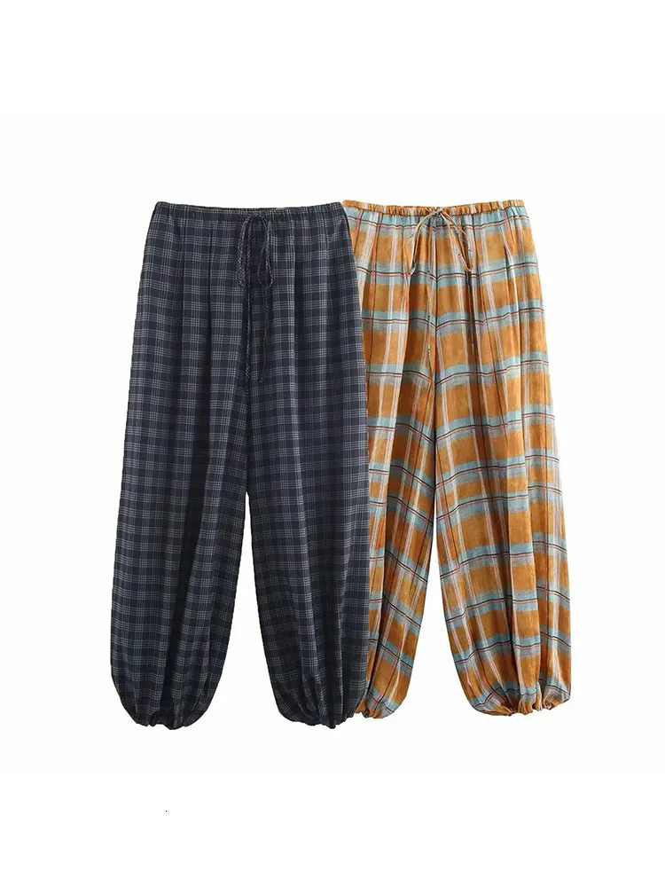 Womens Autumn Fashion Versatile Ramie Bloomers Plaid Printed Loose Pants Female HighWaist Drawstring Casual Trousers 251029