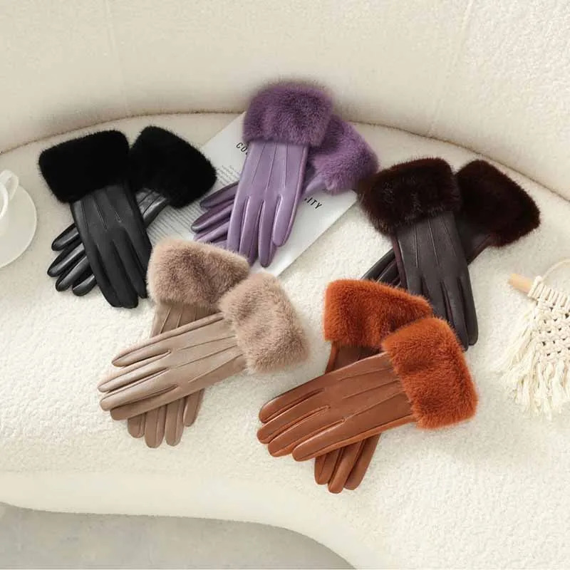 Winter Womens PU Leather Gloves Wrist Soft Faux Fur Trim Cuff Fashion Elegant Party Warm Touch Screen Drive Cycling 251029