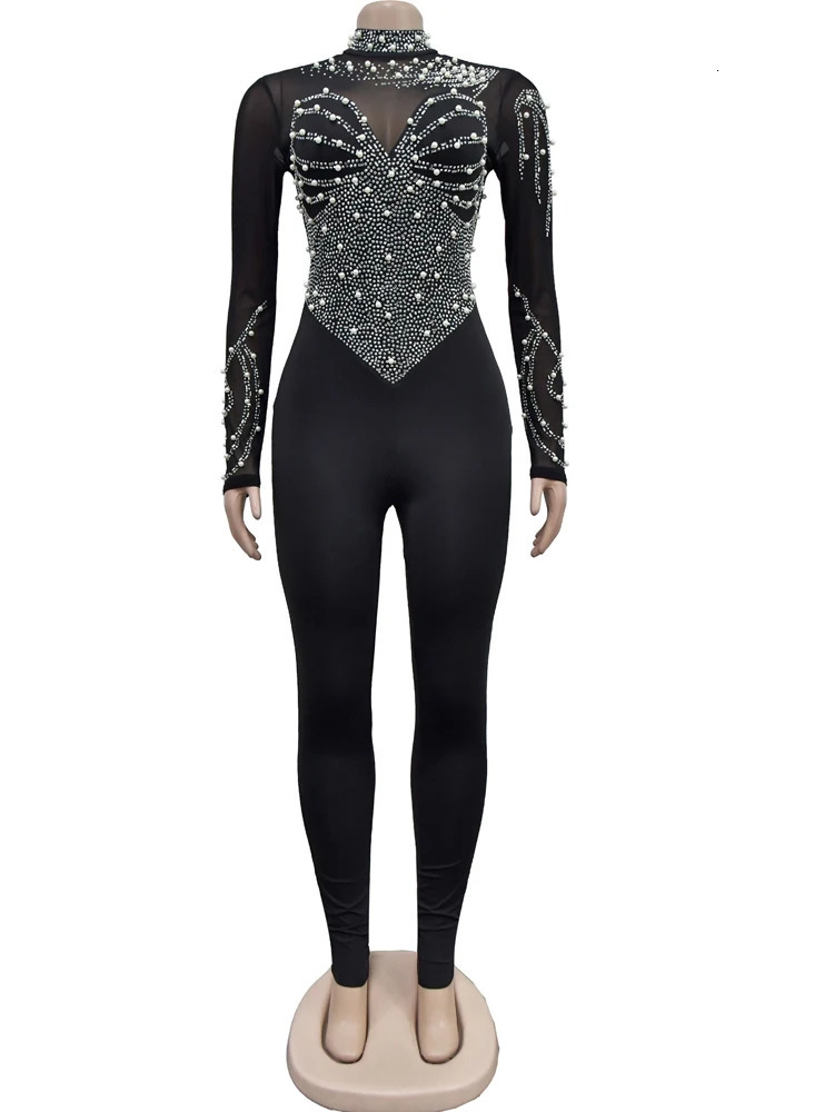 Beyprern Womens Sheer Mesh Crystal Jumpsuits One Piece Outfits Glam Fitted Long Sleeve Pearls Rhinestone Rompers Club Overalls 251029