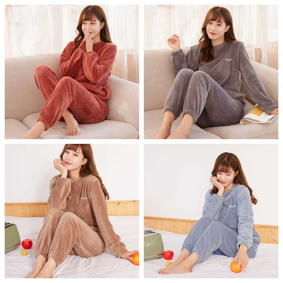 New Women Cozy Loose Set Top Homewear Longsleeved lax 2 Piece Solid color Warm Pyjamas Autumn Winter Pajamas Warm Coral FleeceT251029