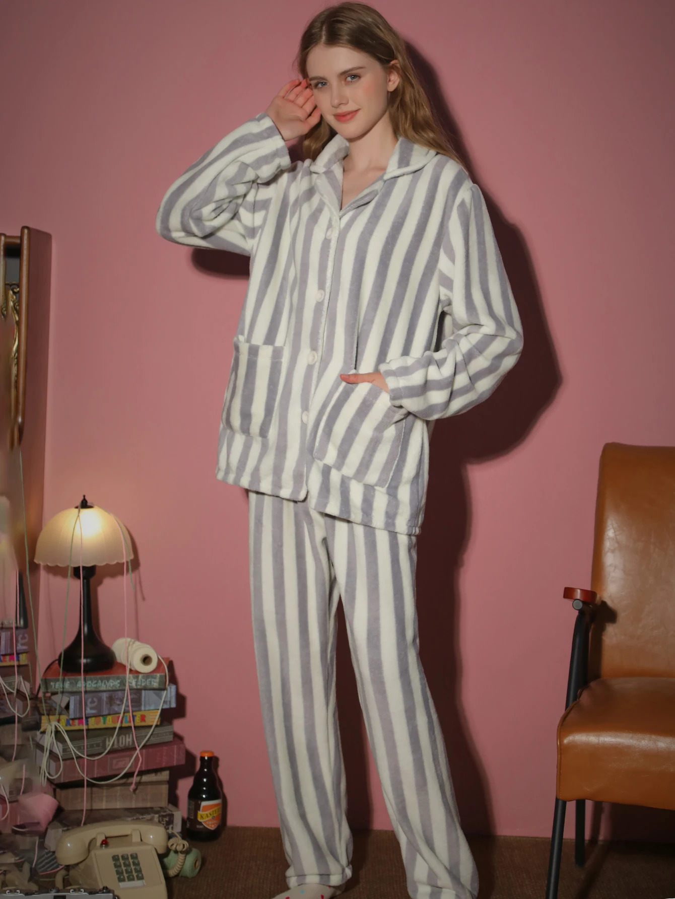 2piece set of womens pajamas autumn and winter flannel striped long sleeved pants thick cardigan home clothes 251029