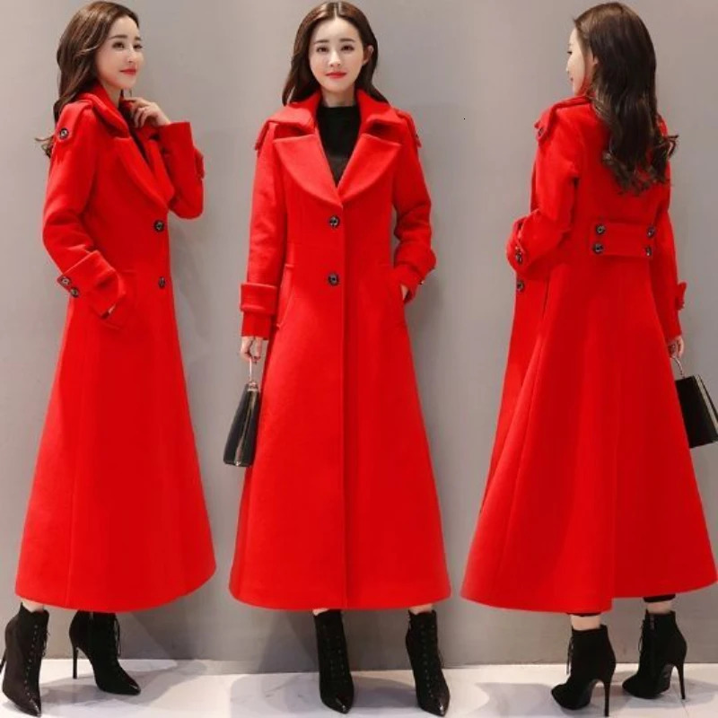 Womens Long Woolen Coat Spring Autumn Korean Waist Slimming OverKnee Thick Keep Warm Woolen Coat Lady Overcoat 251029