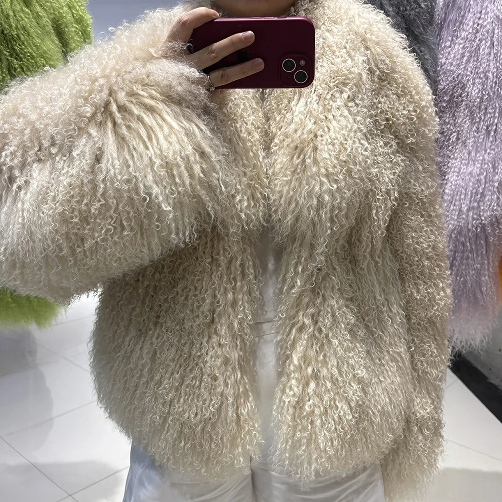 YOLOAgain Womens Real Mongolia Sheep Fur Jacket Dark Brown Sheep Fur Jacket 251029
