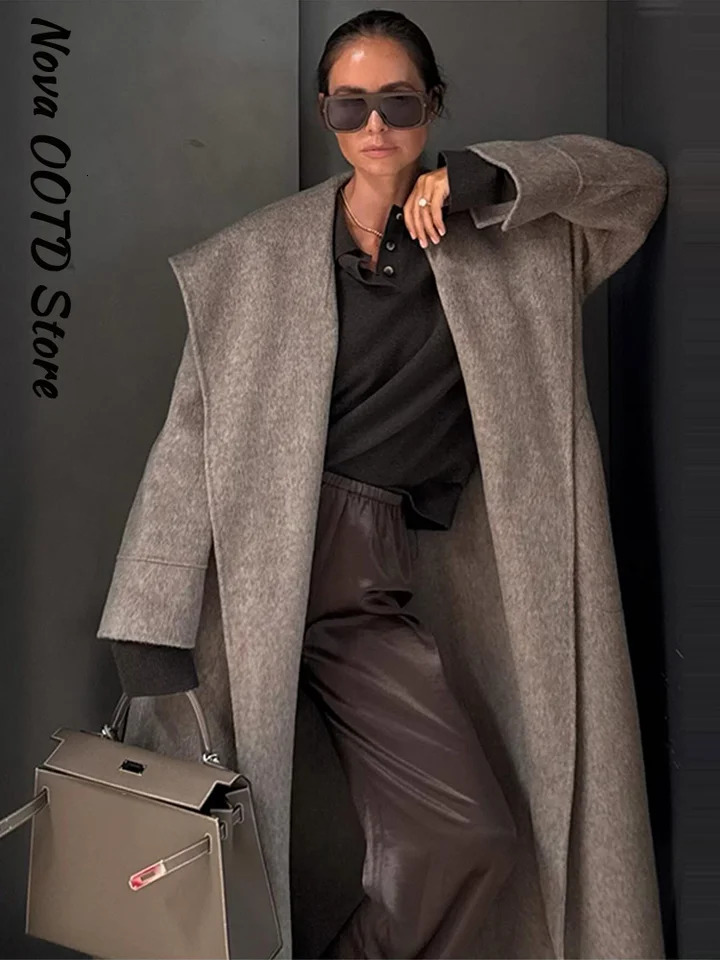 Elegant Shawl Collar Lace Up Long Woolen Coat Women Full Sleeve Belt Lapel Thick Overcoat Autumn Winter Lady Chic Outwear 251028