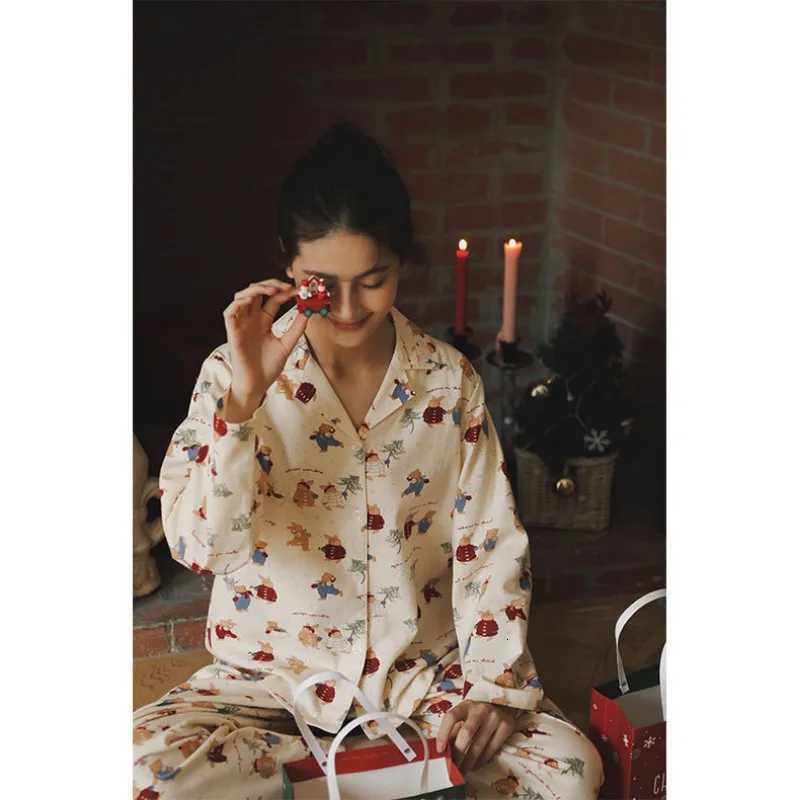 Cozy Bear Print Pajama Set for Women Soft Cotton Christmas PJs Cute Holiday Sleepwear Long Sleeve Loungewear Girlfriend GiftT251029
