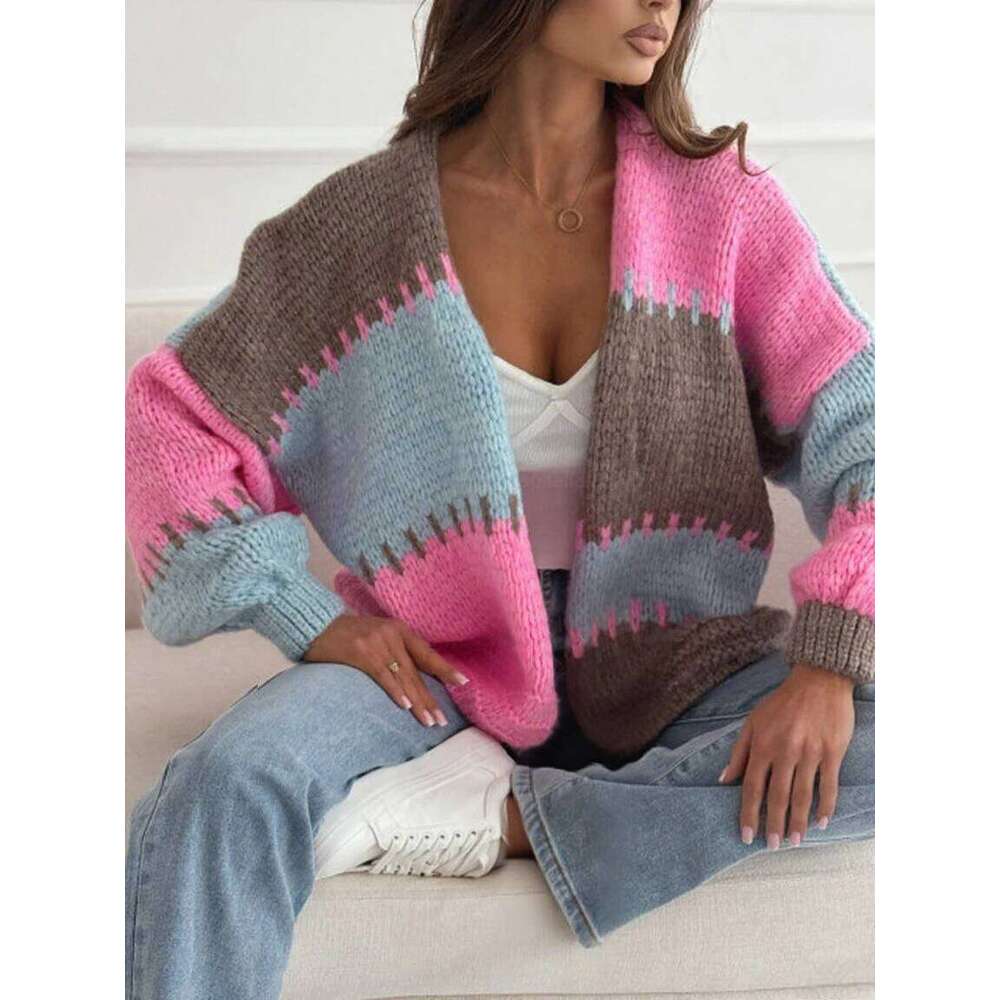 Women's Contrasting Casual Lantern Sleeve Cardigan Loose Soft Comfortable Knit Sweater Jacket